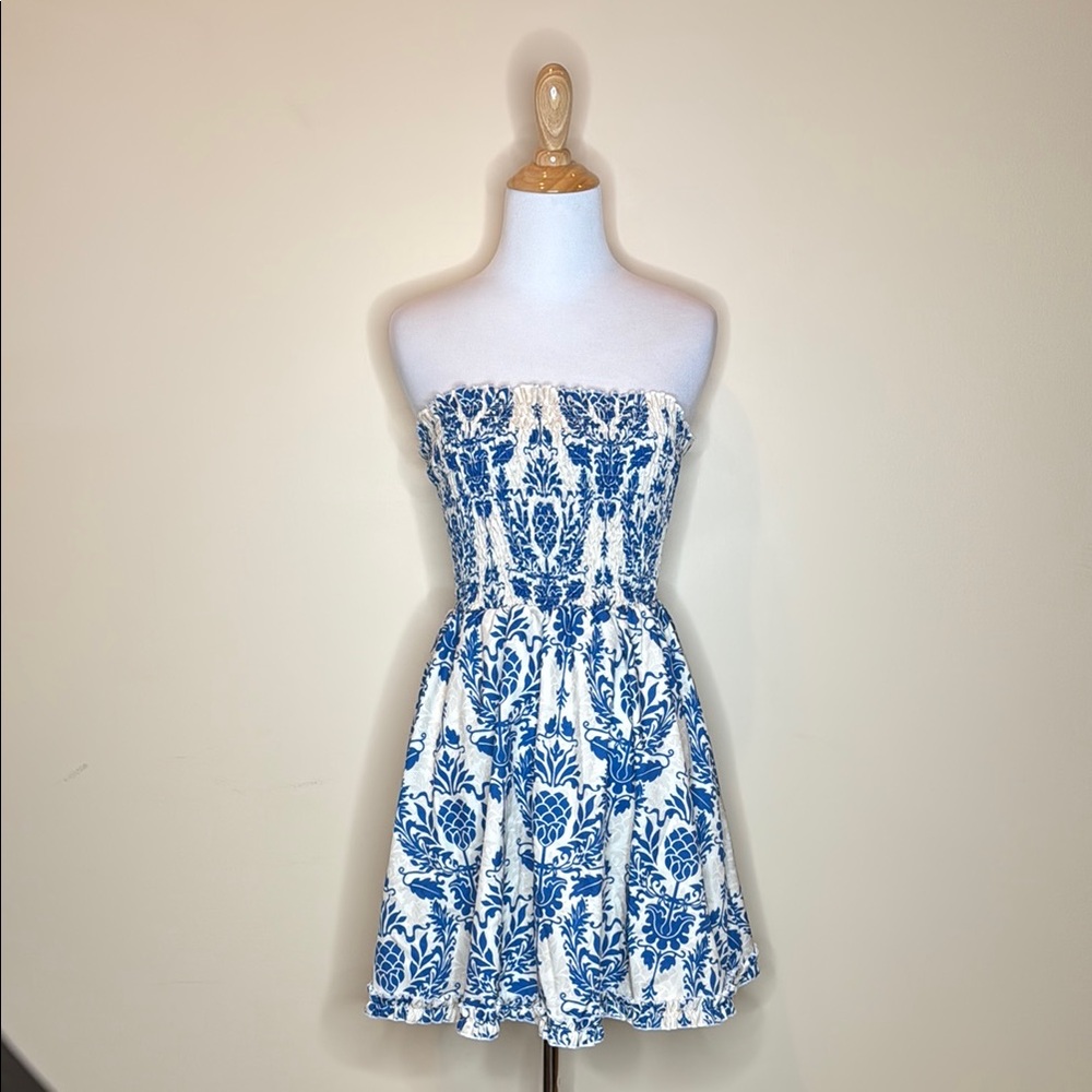 Blue and Cream Strapless Fit and Flare Dress